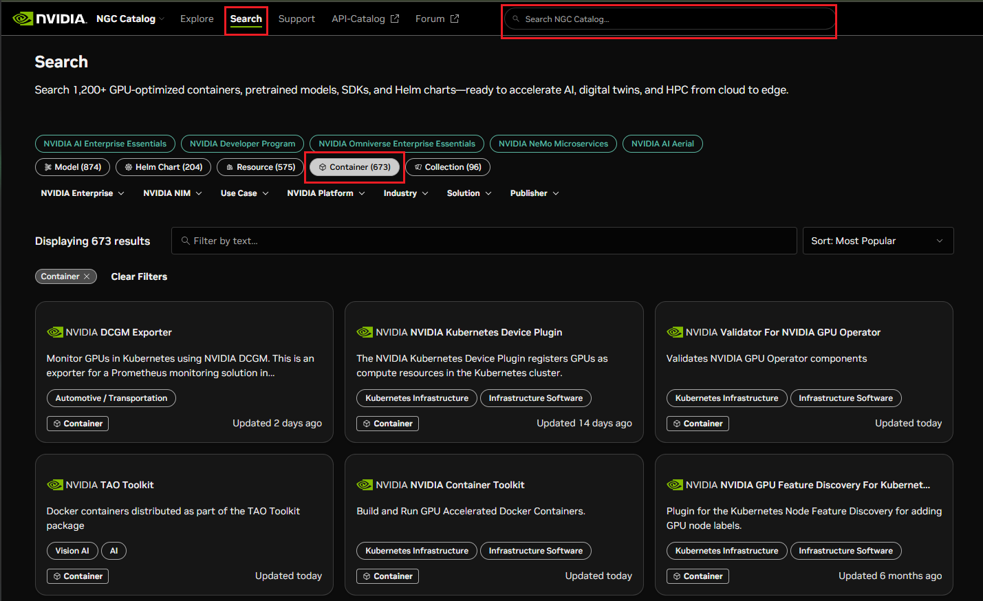 NGC catalog containers search