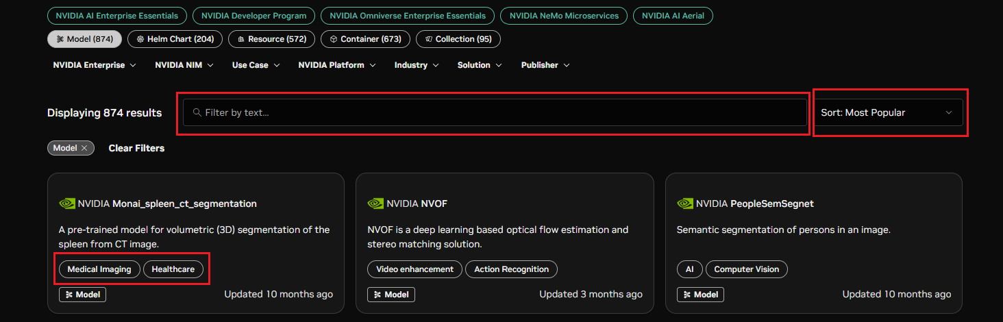 NGC catalog models filter