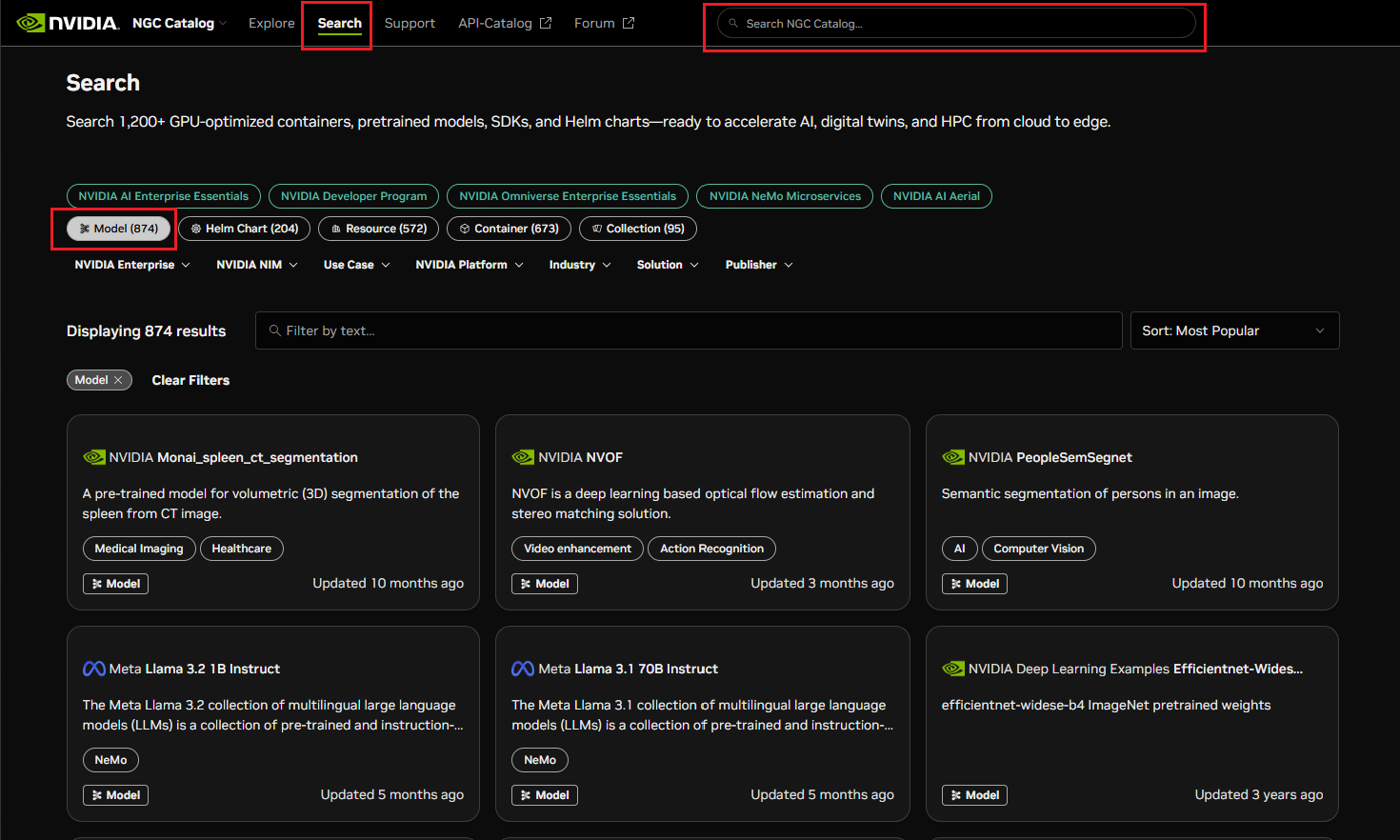 NGC catalog models search