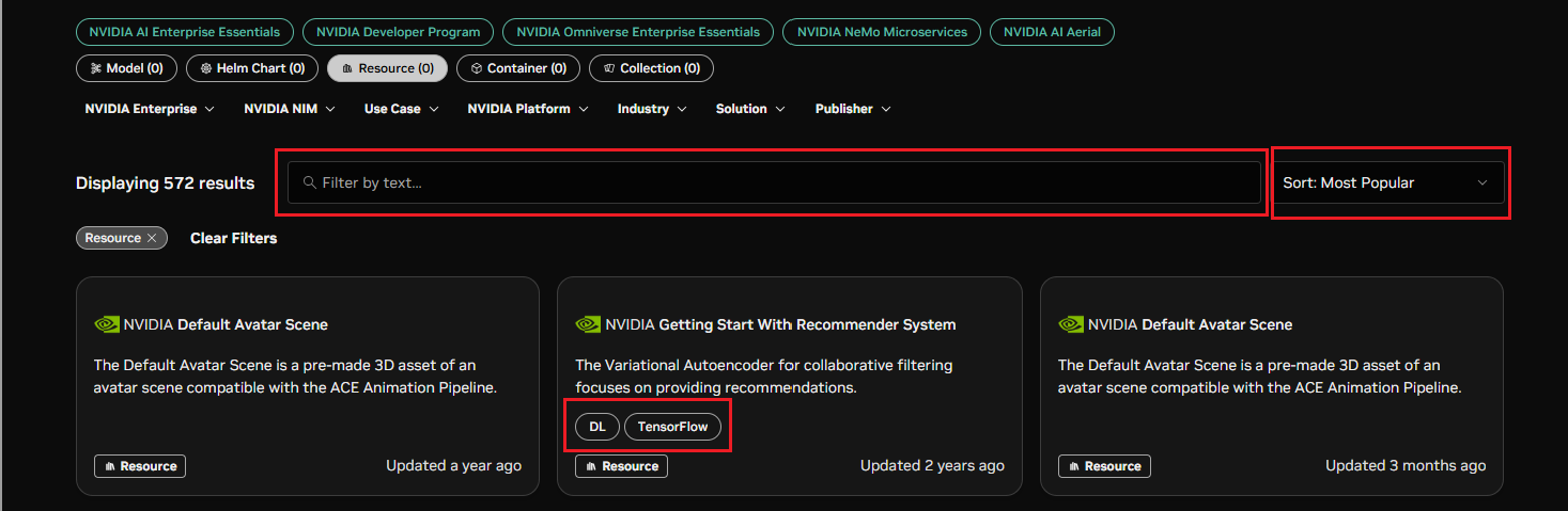 NGC catalog resources filter