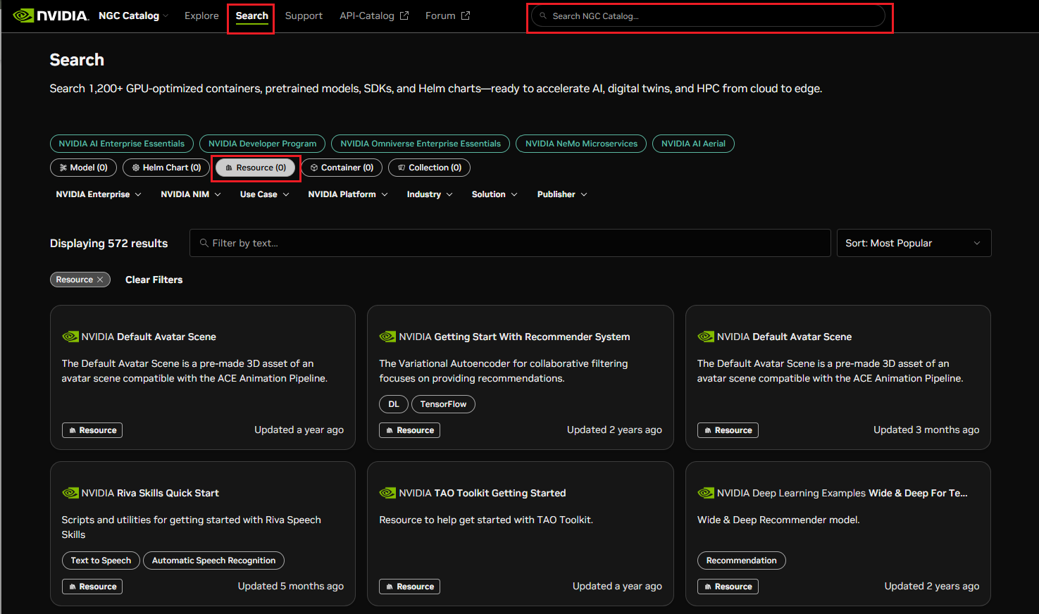 NGC catalog resources search