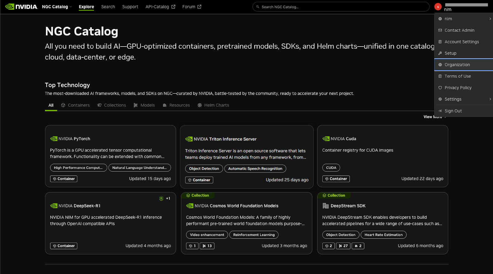 User account menu organization