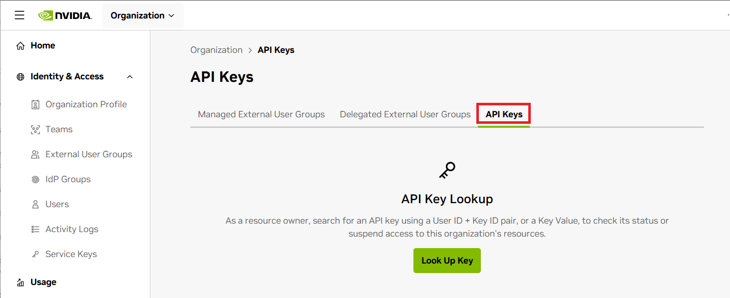 External User Groups API Keys Tab