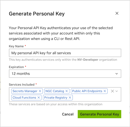 Generate personal key dialog with services