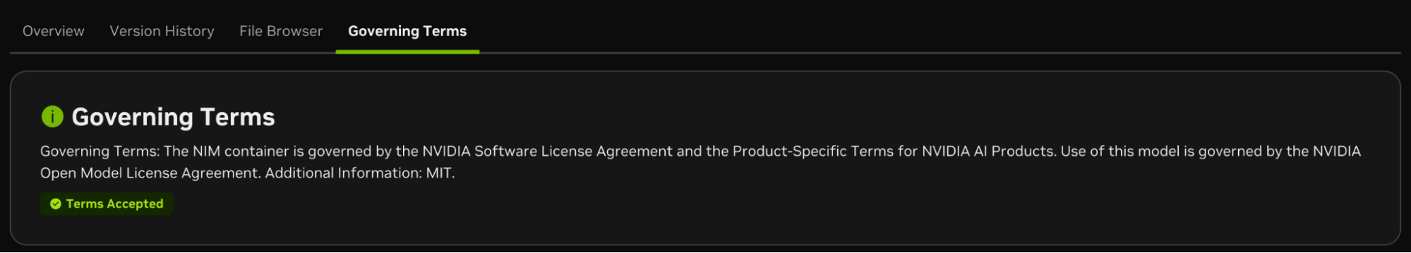 NGC catalog accept governing terms