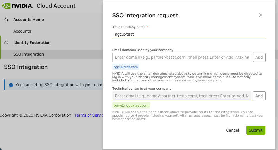 NGC ID Federation NCA SSO Integration Form