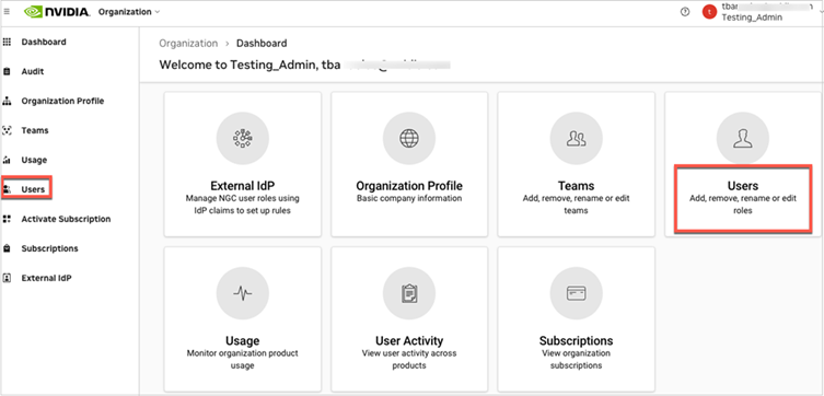 NGC Organization Dashboard Users