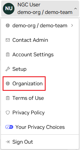 NGC User Account Menu Organization