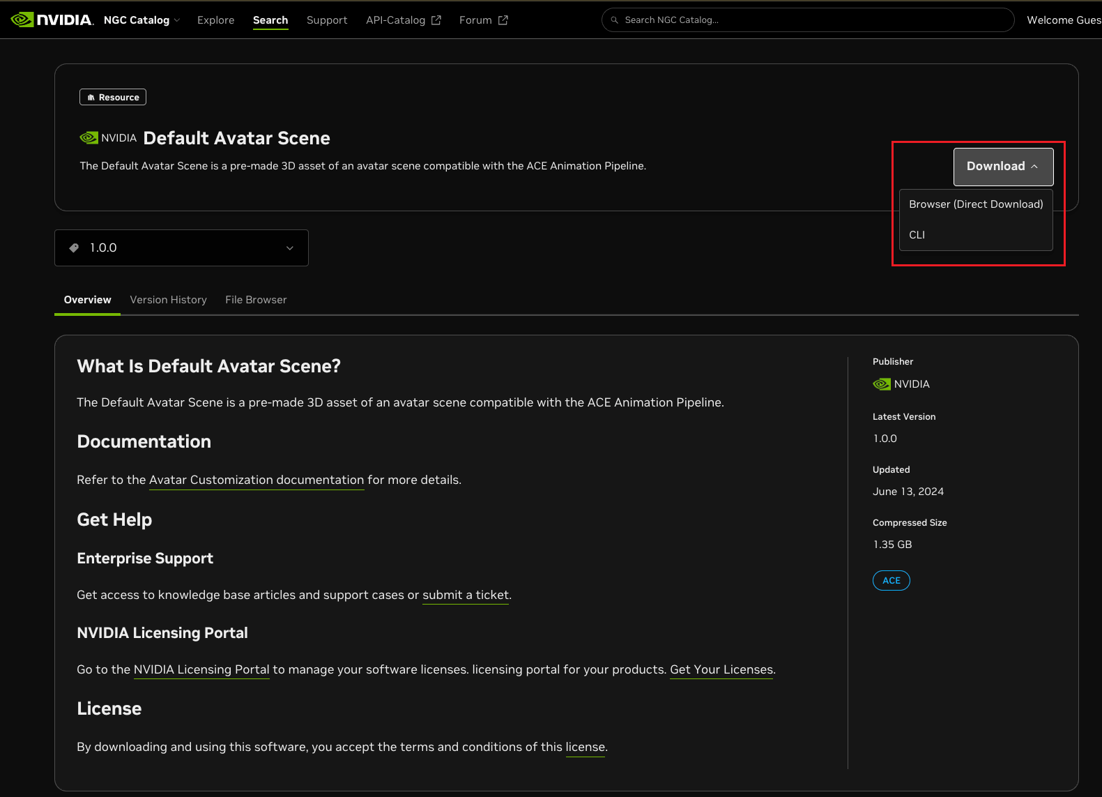 NGC resource download button