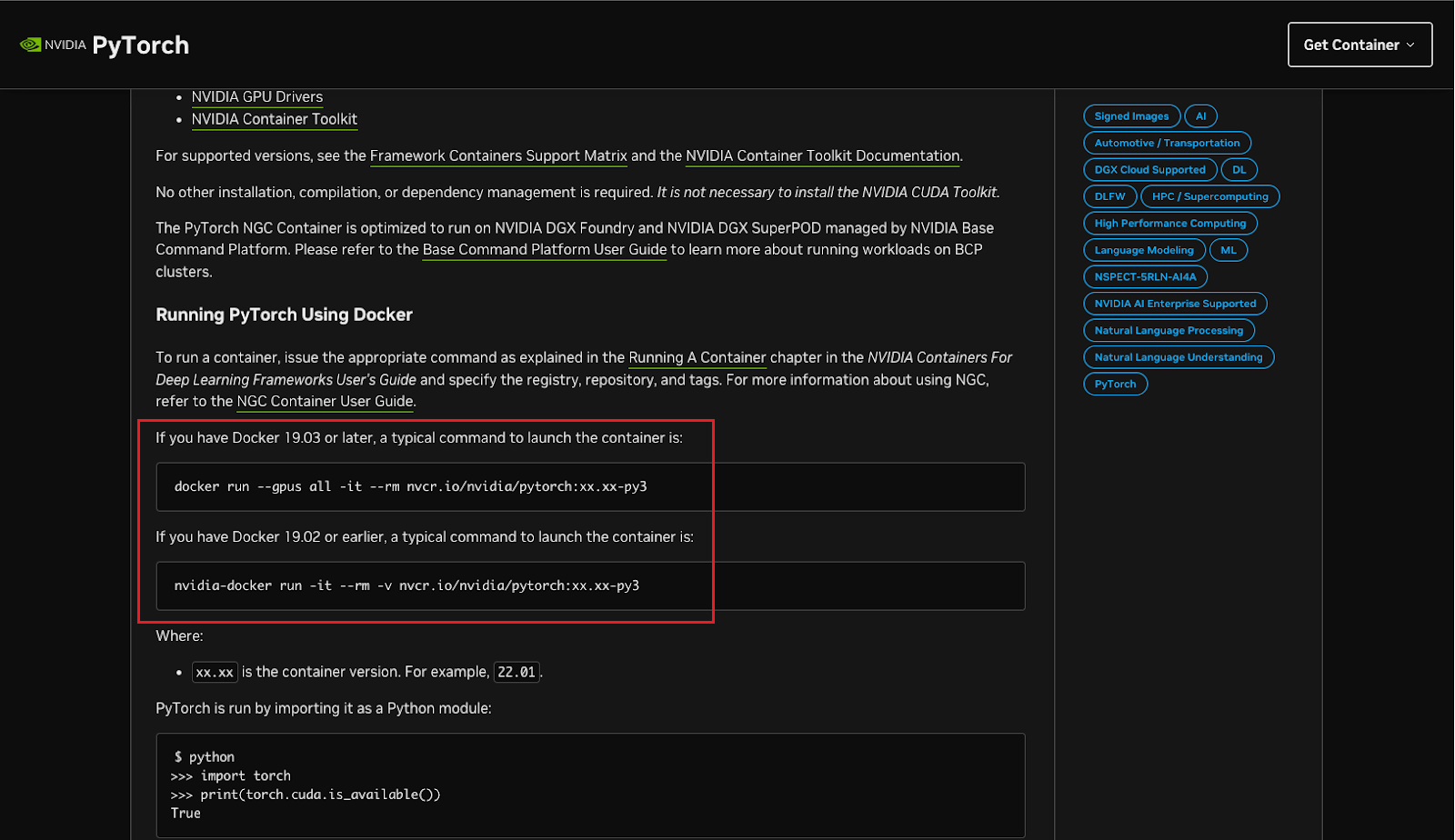 PyTorch page with pull command