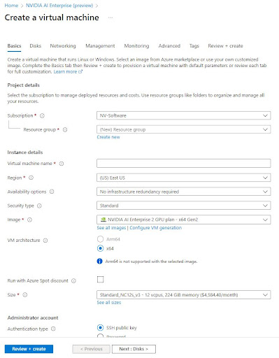 Azure NVIDIA AI Enterprise Create VM