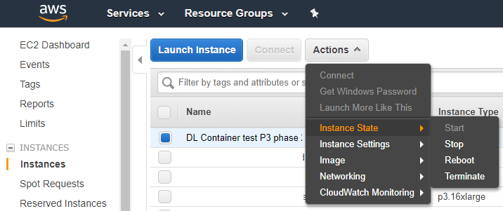 AWS stop terminate console