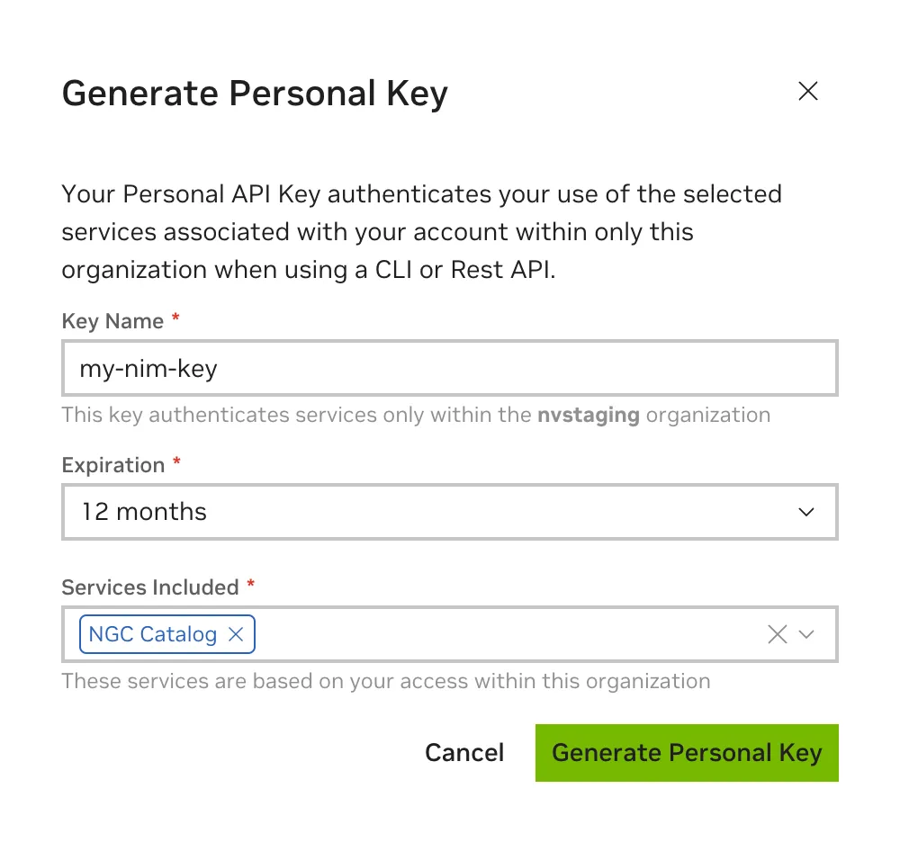 NGC personal API key creation form