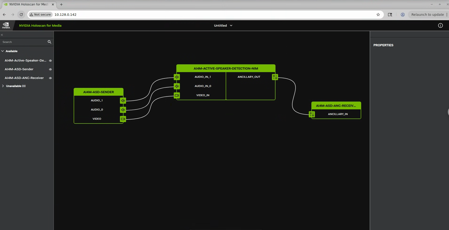 NMOS Connection Manager workspace with sender, NIM, and receiver connections