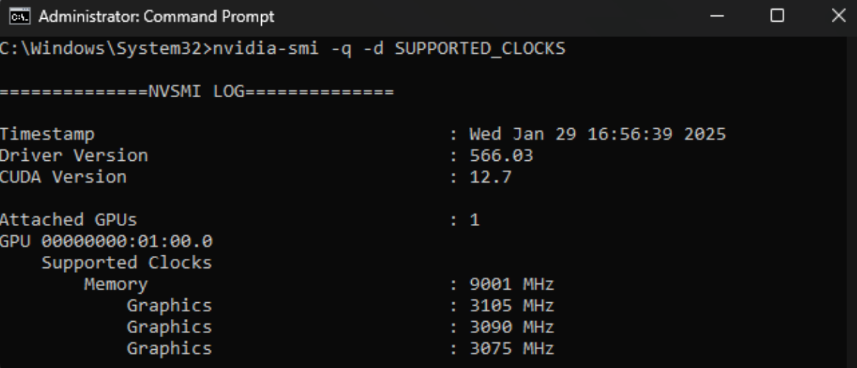 Screenshot of GPU supported clocks in Windows