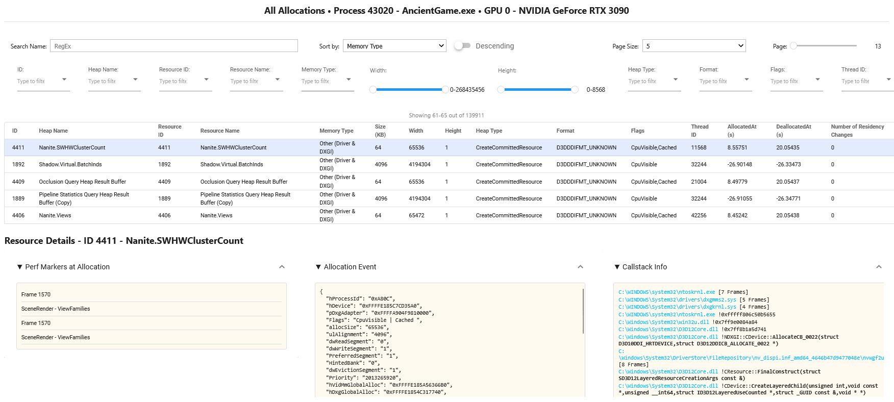 Comprehensive table of all GPU resource allocations during the entire duration of the report.