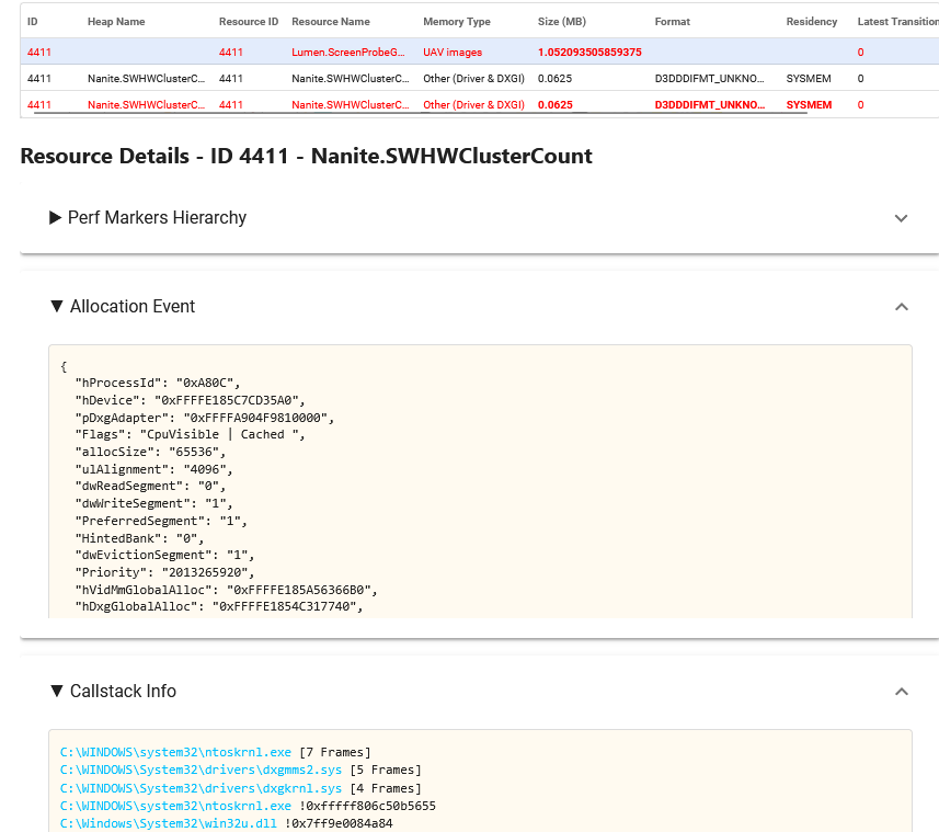 Resources within the Resident Resources tables can be selected for additional details.