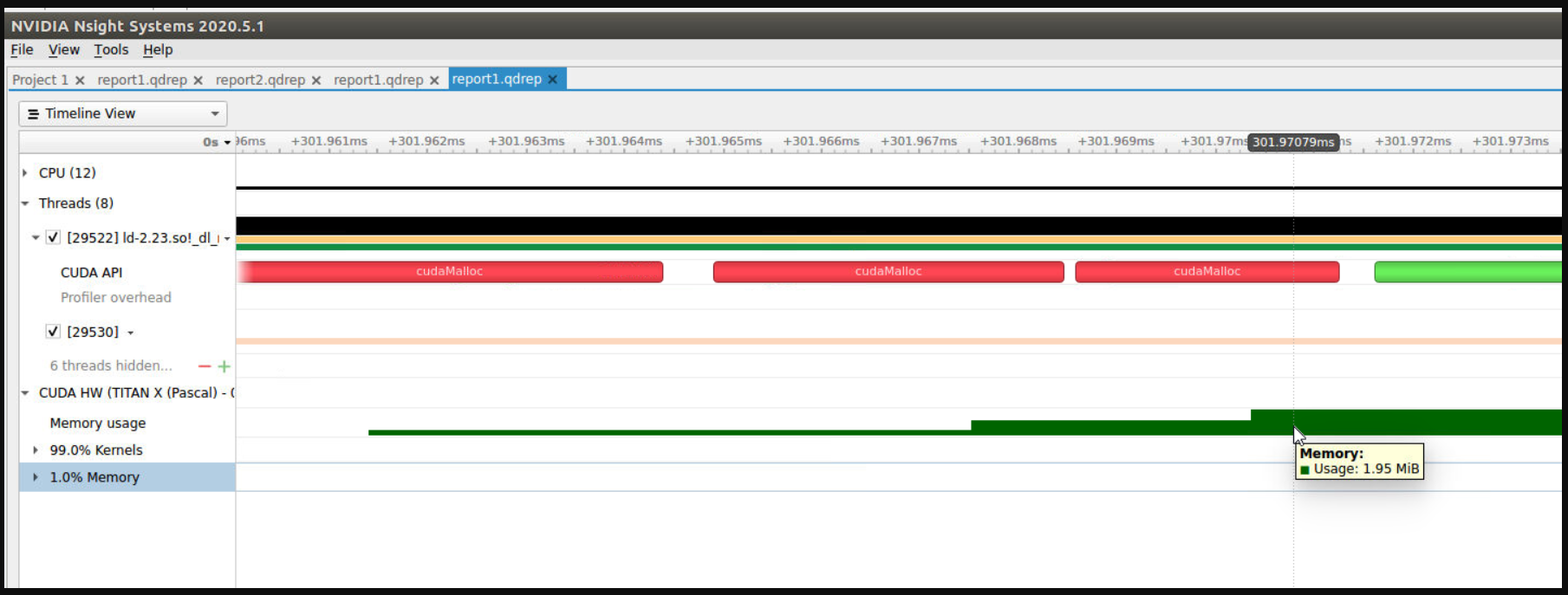 CUDA memory allocation graphs aligned with cudaMalloc calls