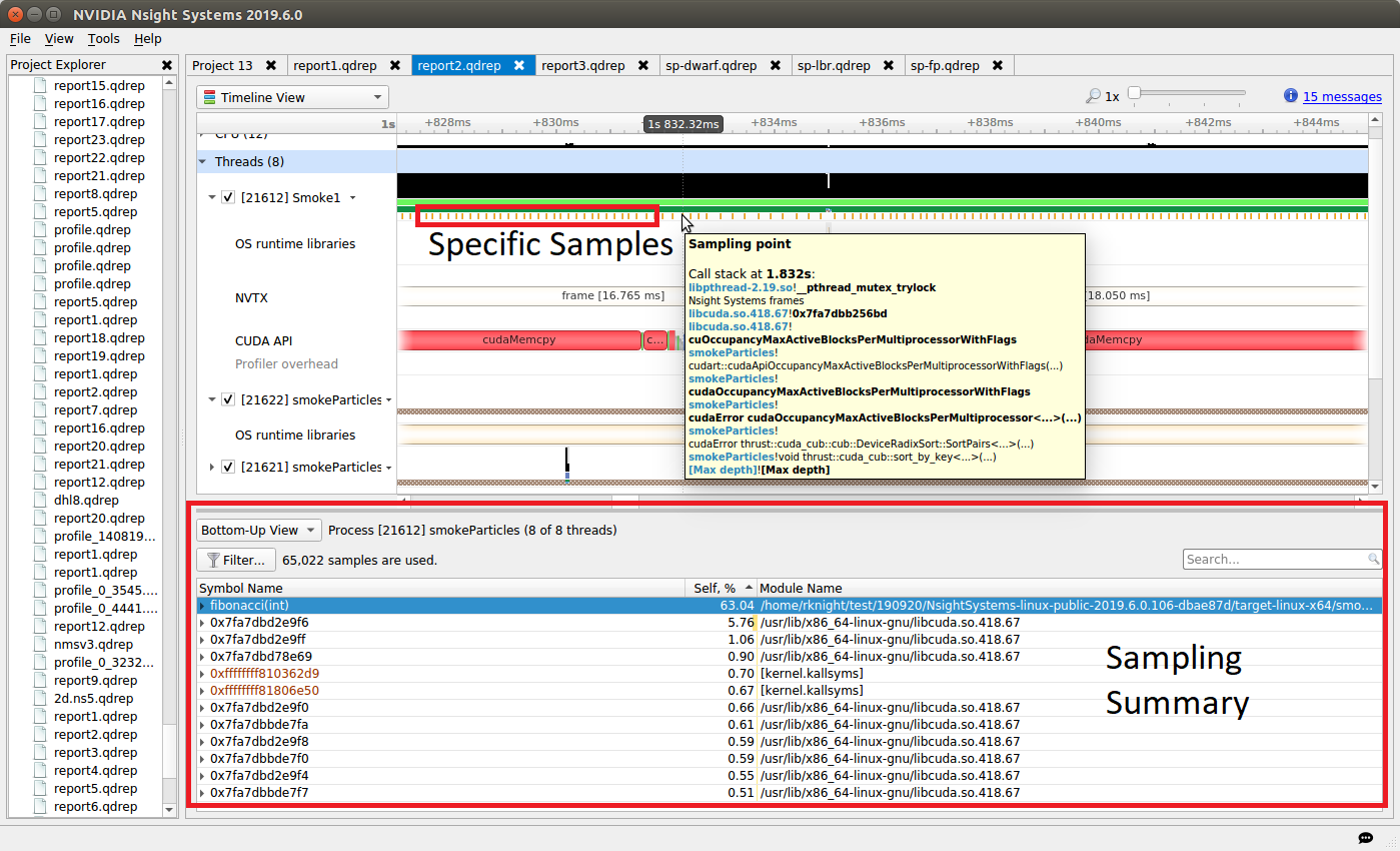 Timeline showing CPU IP/backtrace information