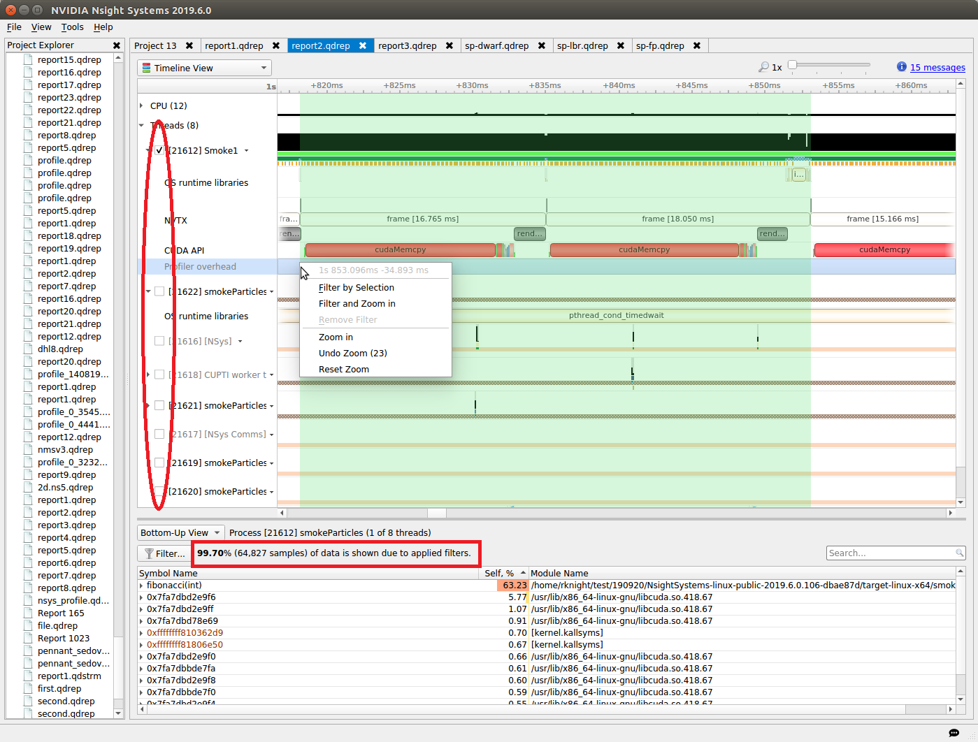 Timeline showing CPU IP/backtrace information