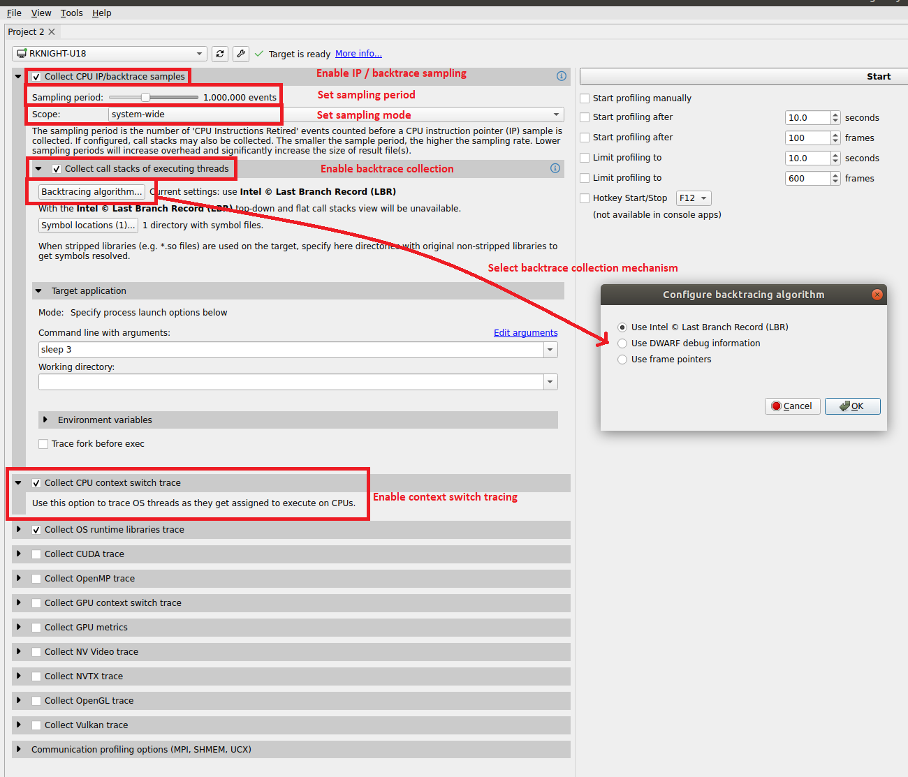 GUI configuration for CPU profiling