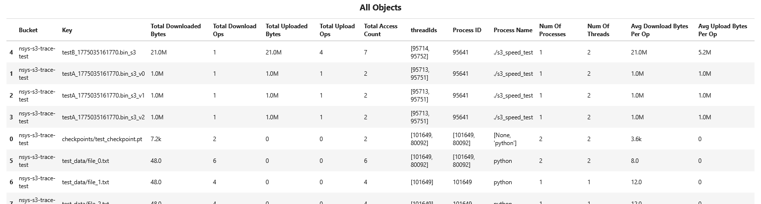 S3 Access Recipe: All Objects Table. Provides a detailed breakdown of S3 access patterns for each individual object.