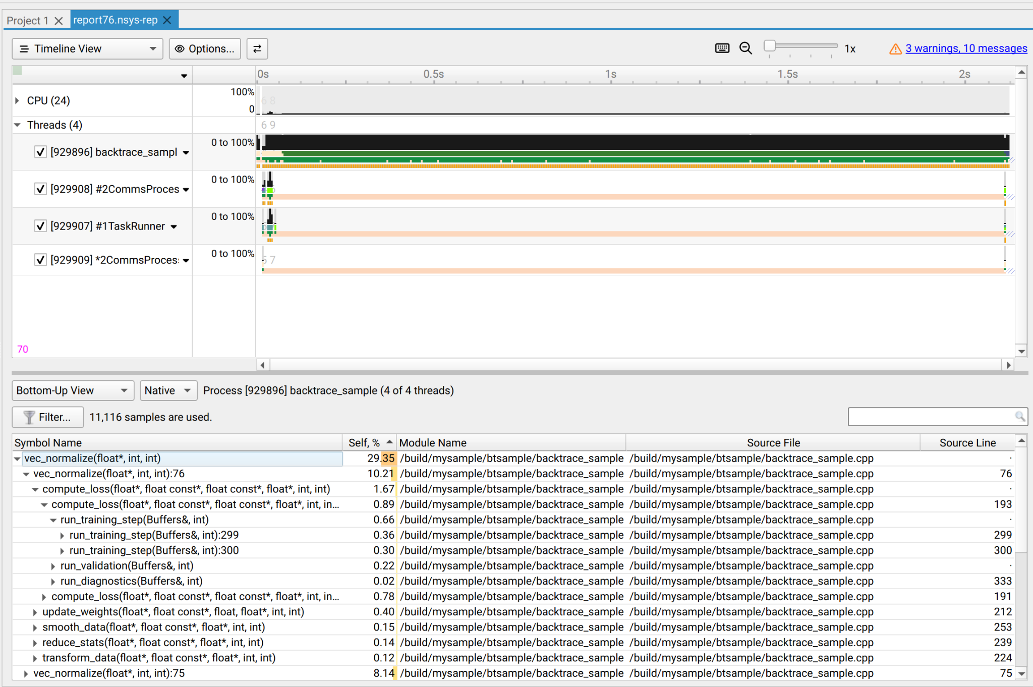 Bottom-Up View with source file and line information