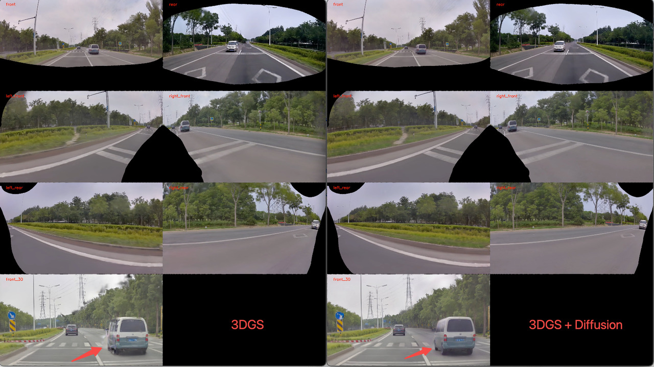 Four-column comparison of novel views reconstructed without and with a diffusion model