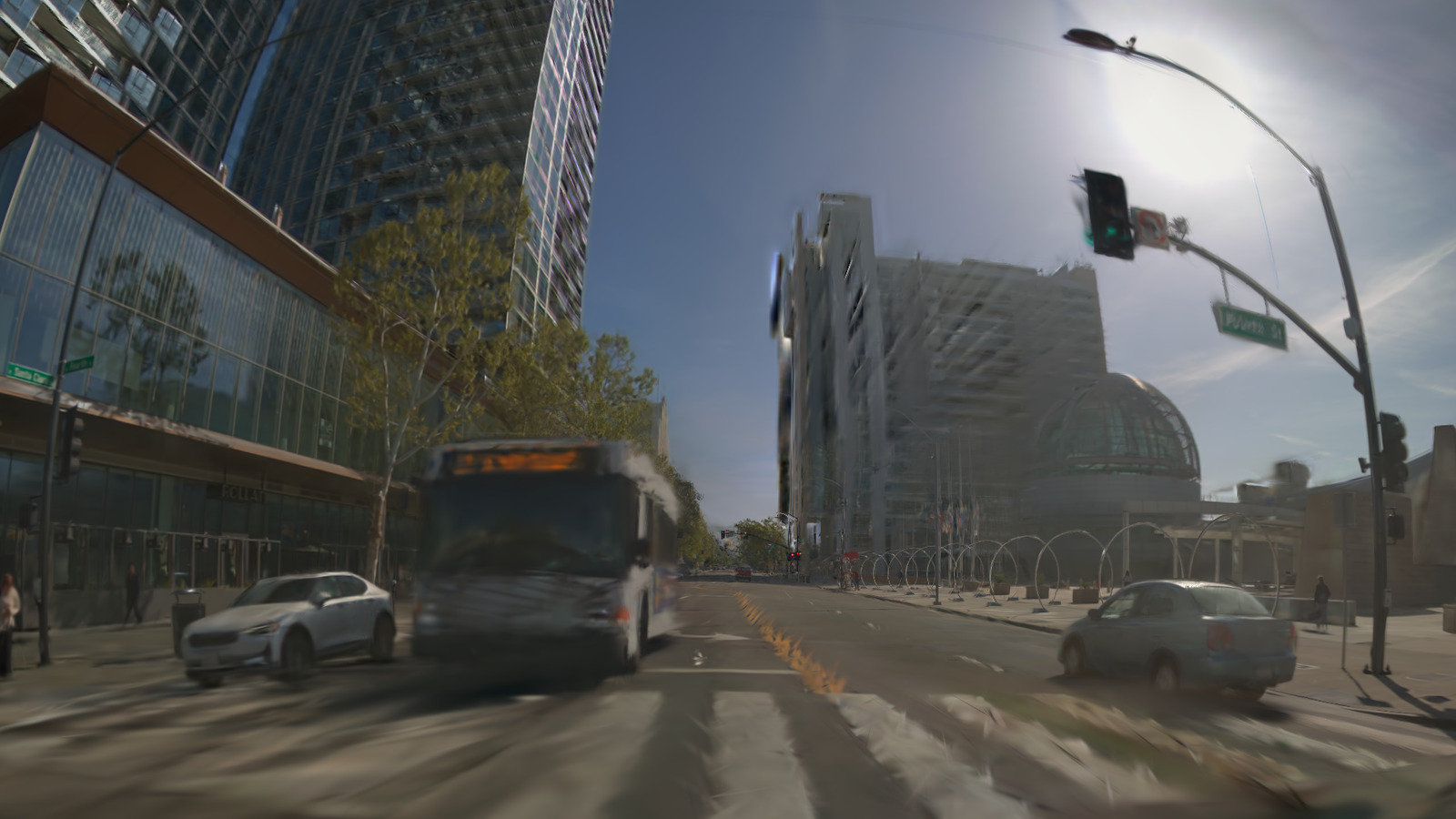 Novel view rendered three meters to the left in a reconstruction without road techniques