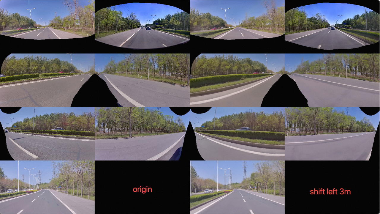 Four-column comparison of original views against three-meter left translation views showing the effect of virtual view sampling