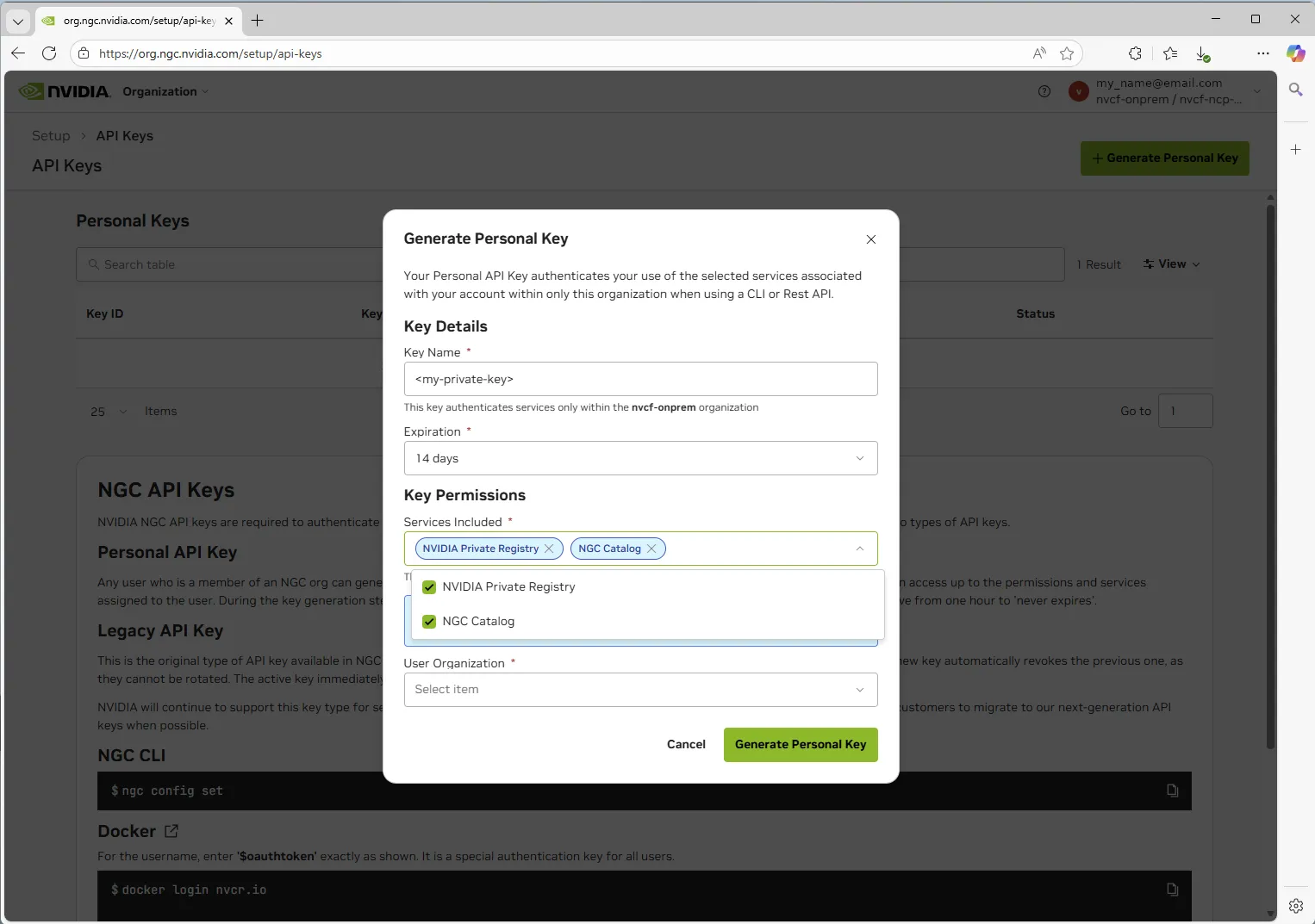 Personal API key creation for nvcf-onprem organization