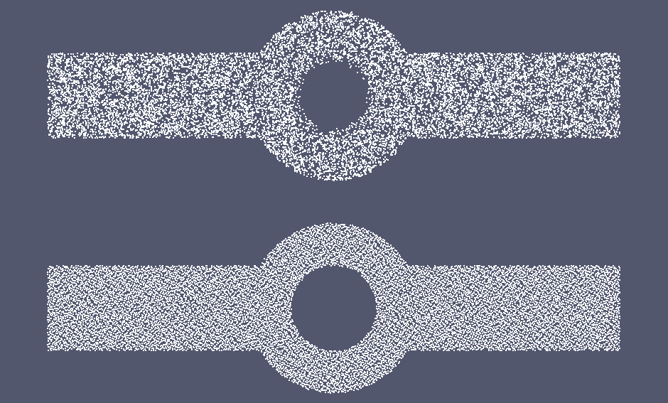 A snapshot of a batch of training points generated using uniform sampling (top) and Halton sequences (bottom) for the annular ring example.
