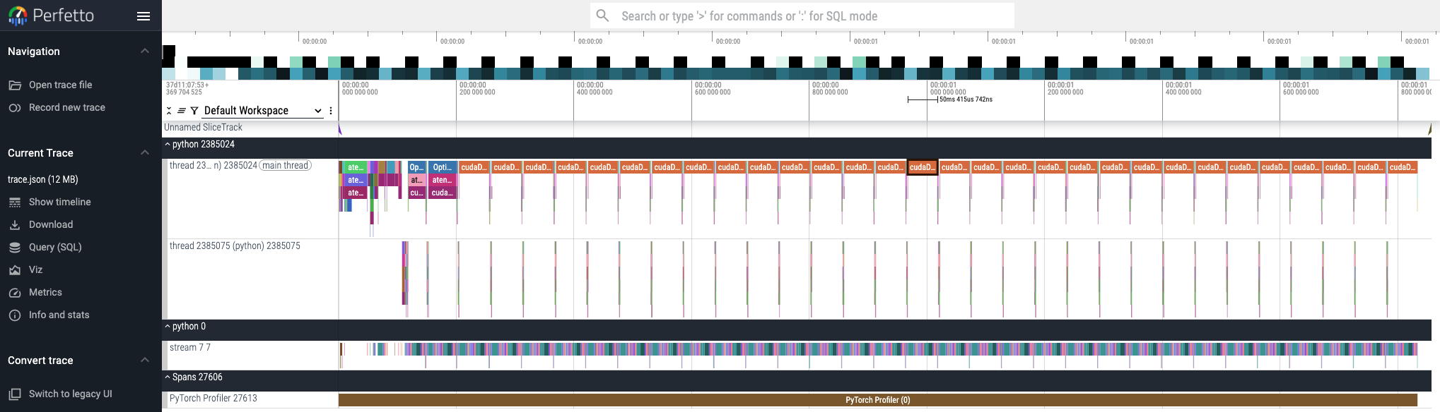 Chrome trace view showing CPU threads and CUDA kernels for an entire application.