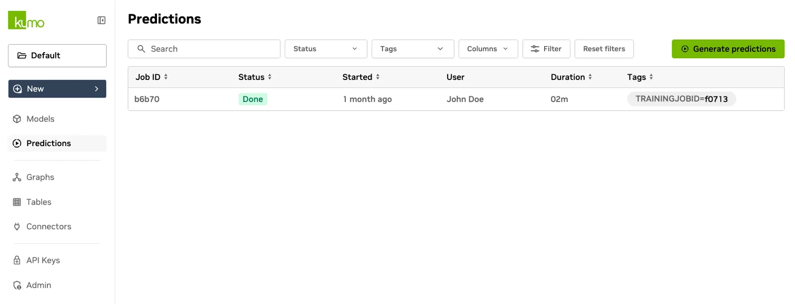 Batch prediction job list with job ID column