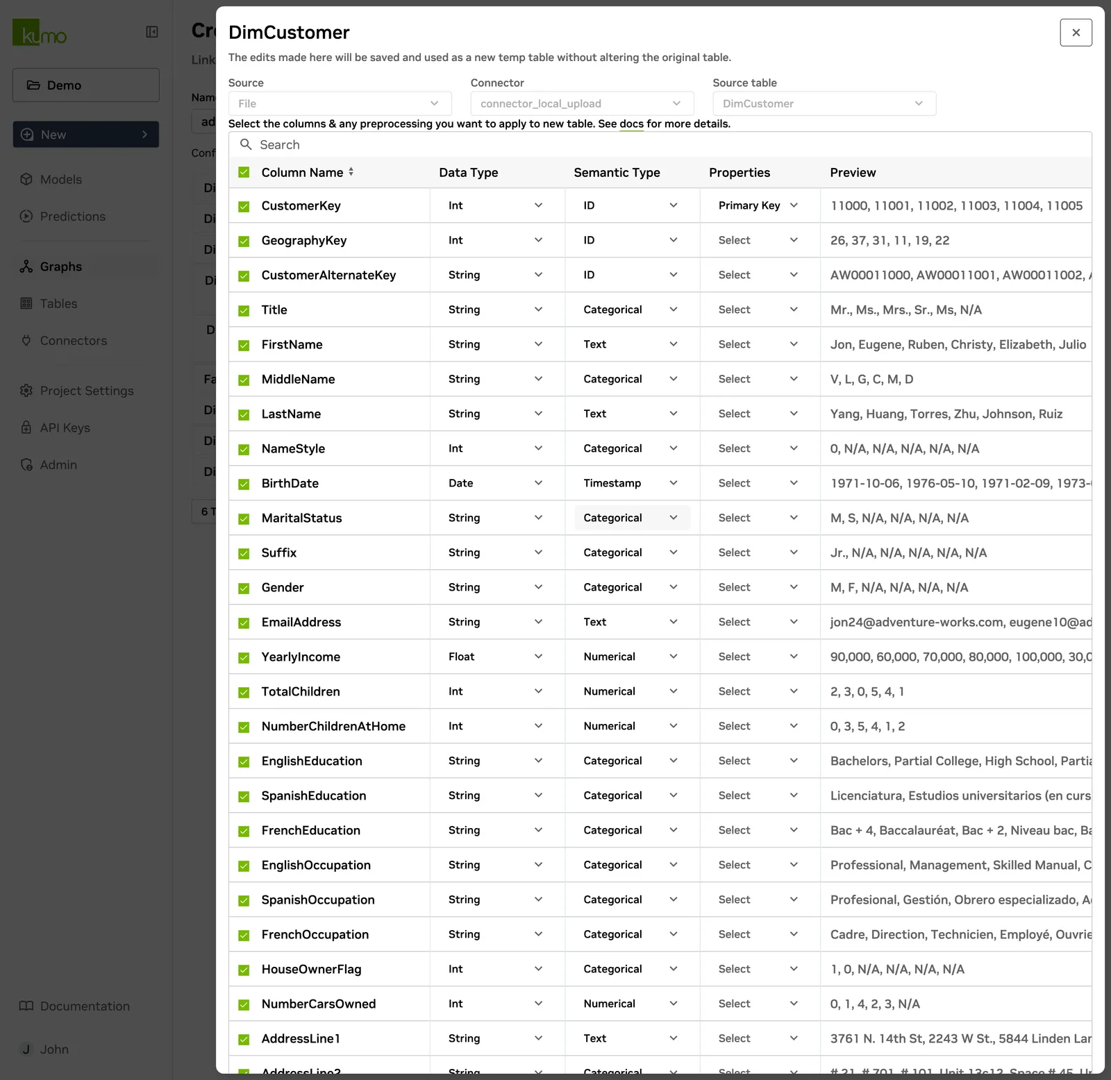 Table edit modal opened from the graph, showing the DimCustomer columns and their preprocessing