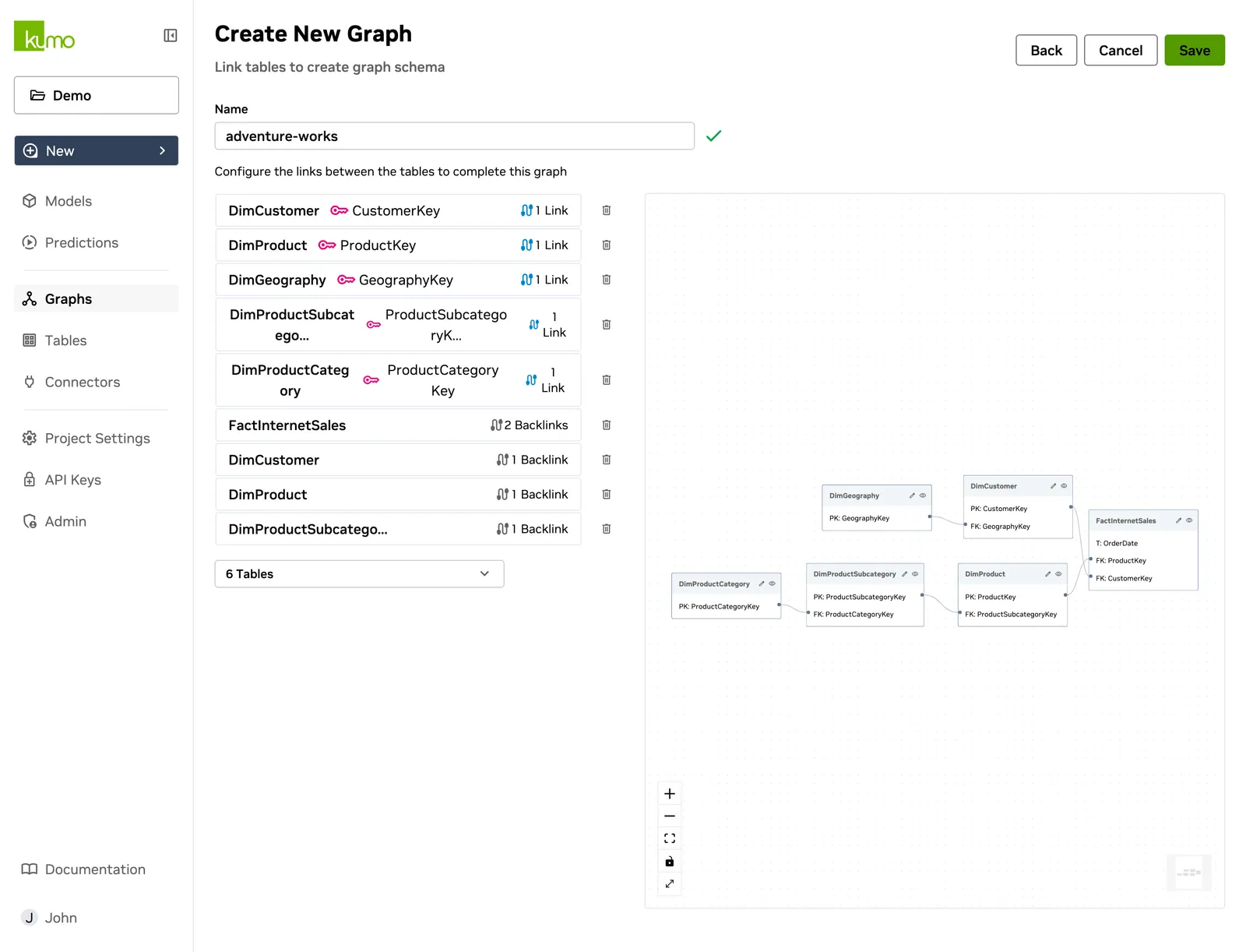 Link configuration step showing each table's links and backlinks alongside the Adventure Works graph schema