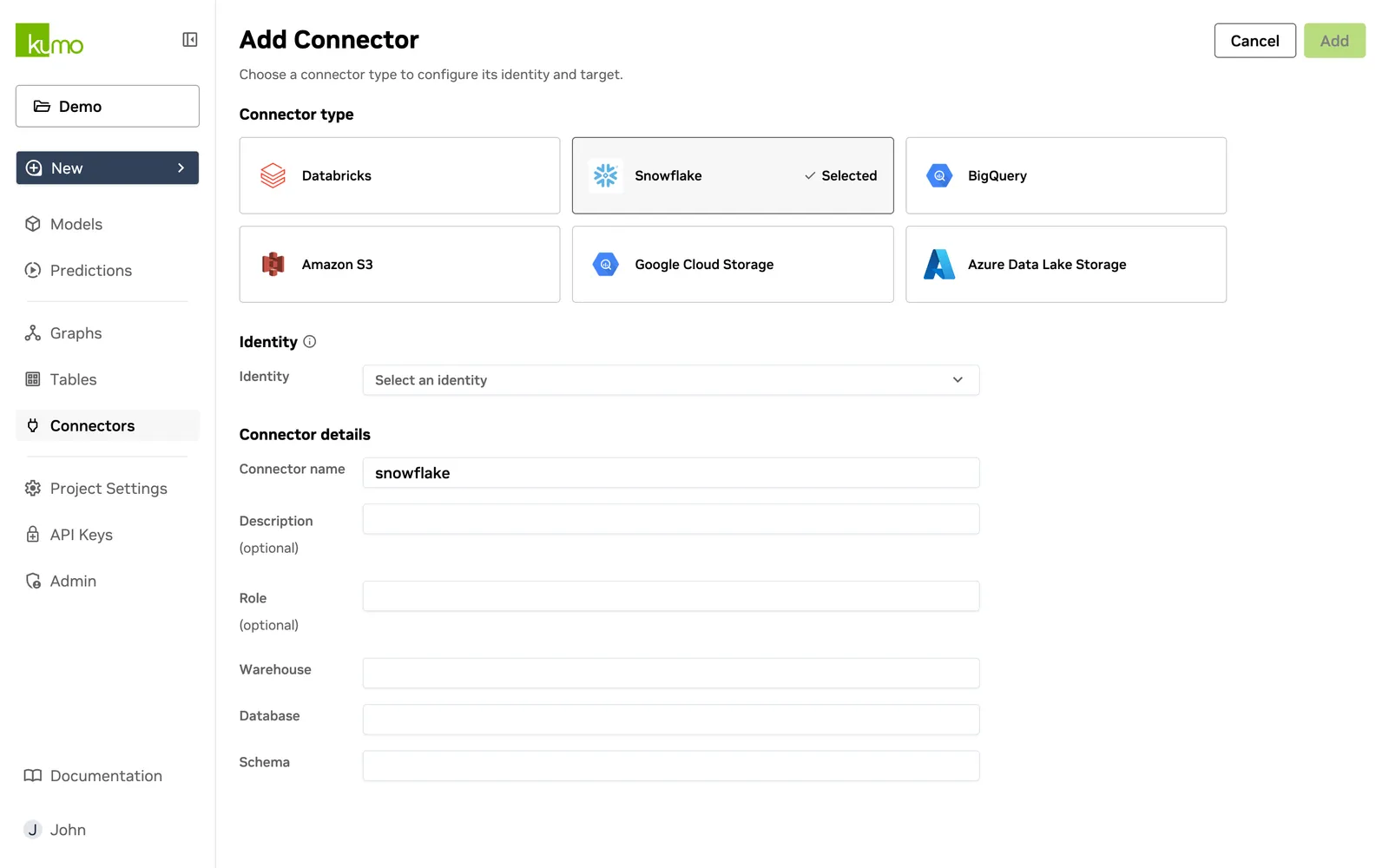 Add Connector page with Snowflake selected as the connector type