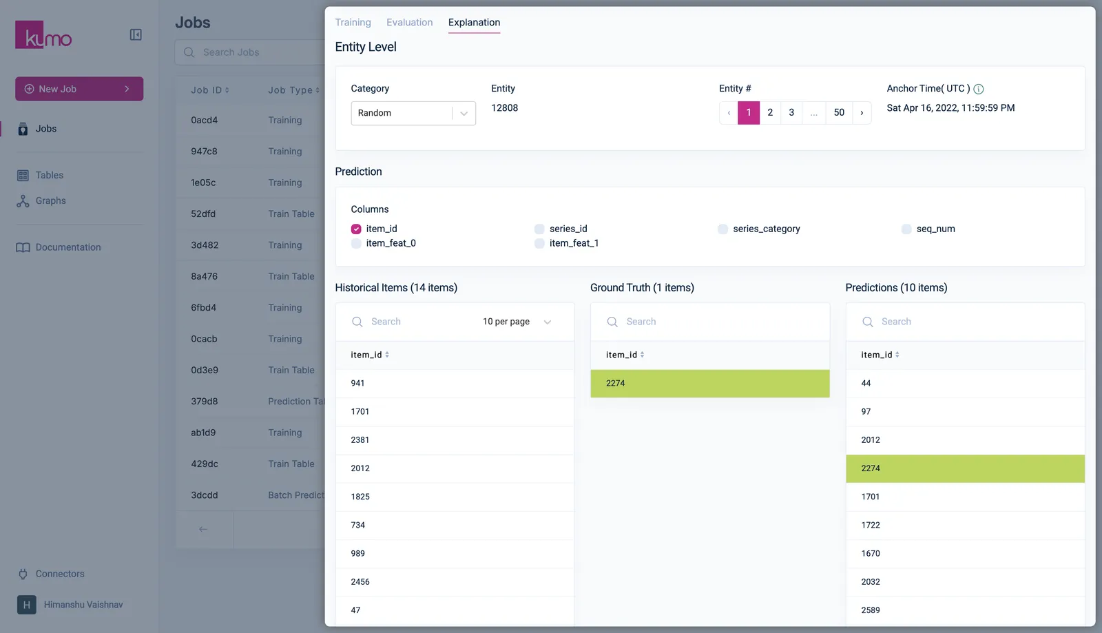 Explainability tab showing entity-level predictions and subgraph visualization