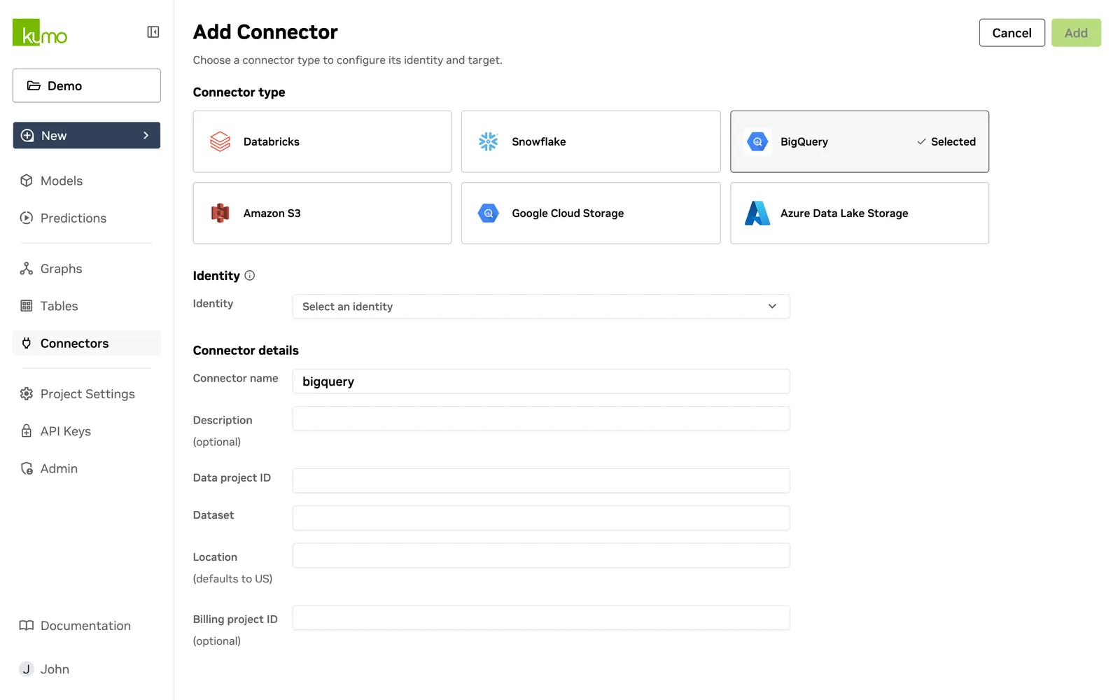 Add Connector page with BigQuery selected as the connector type