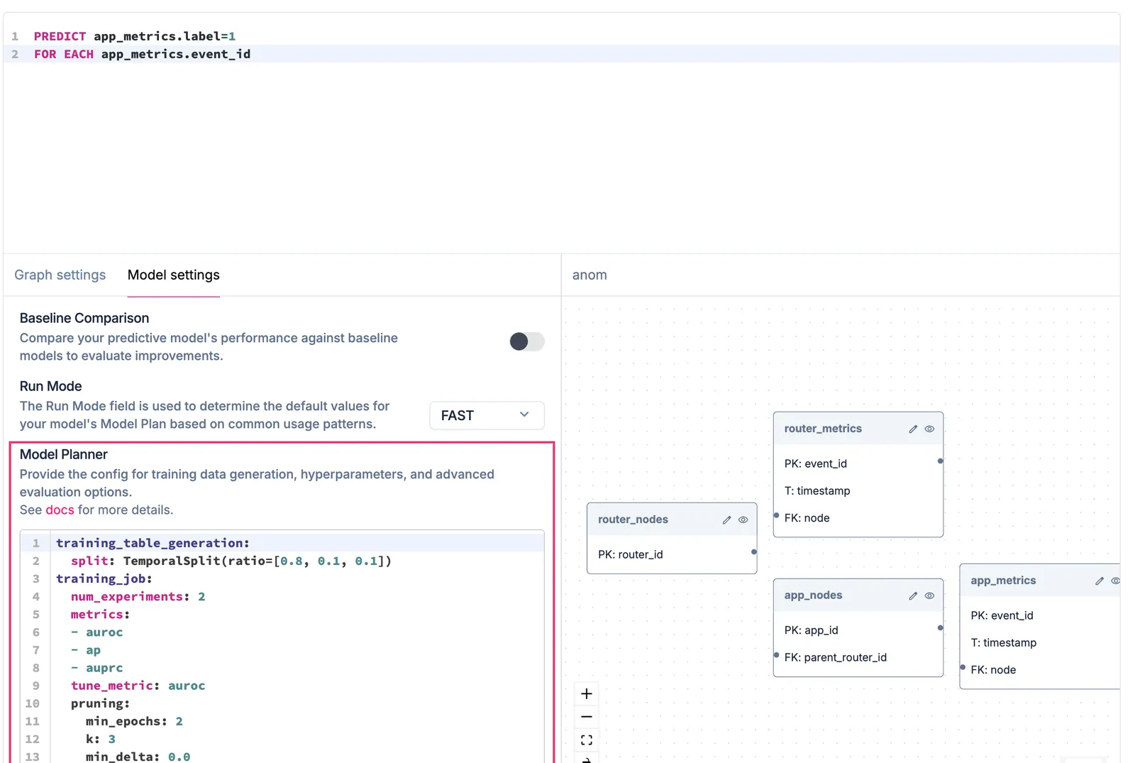Model Planner configuration panel