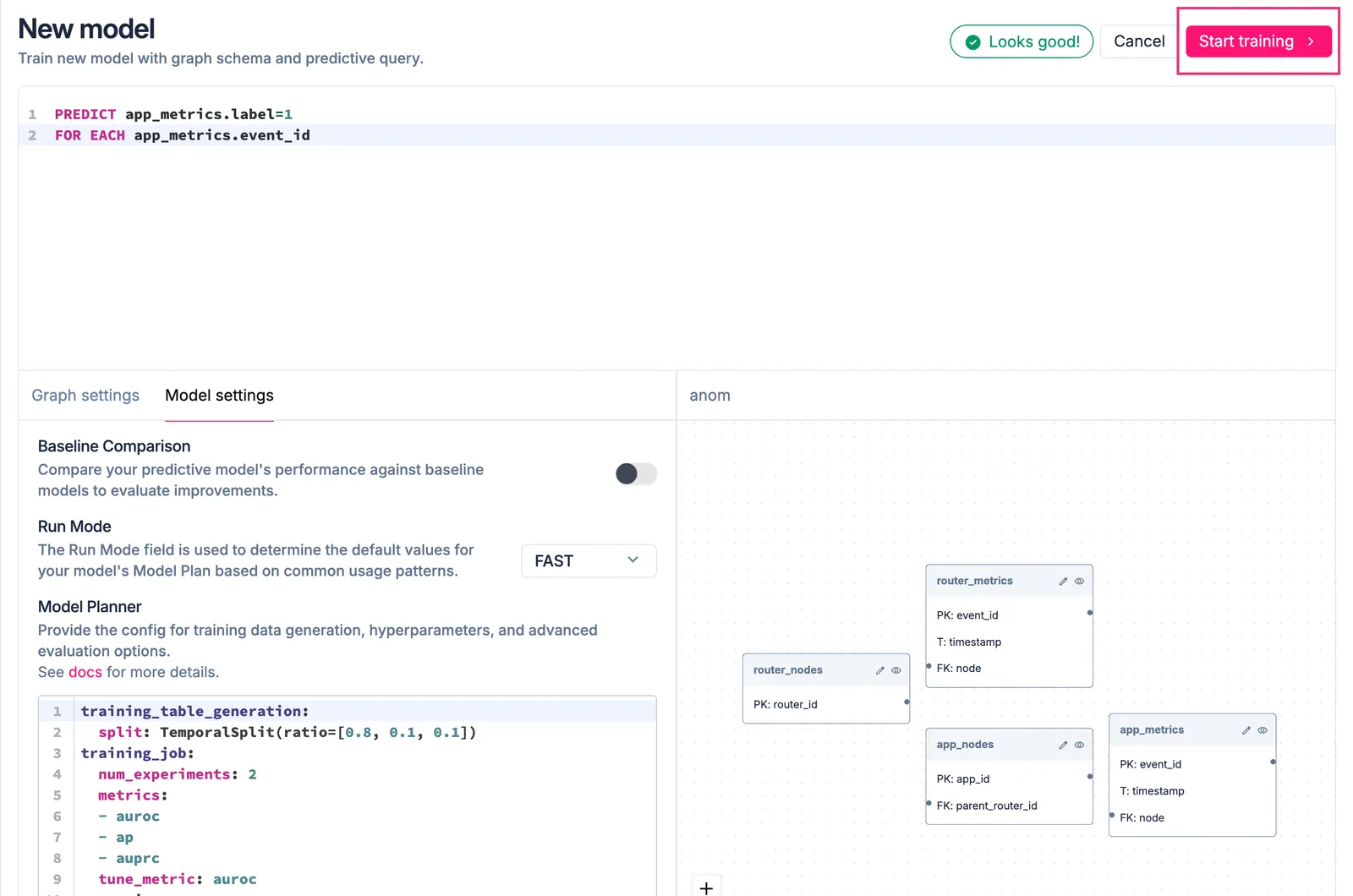 Start Training button on the model configuration page