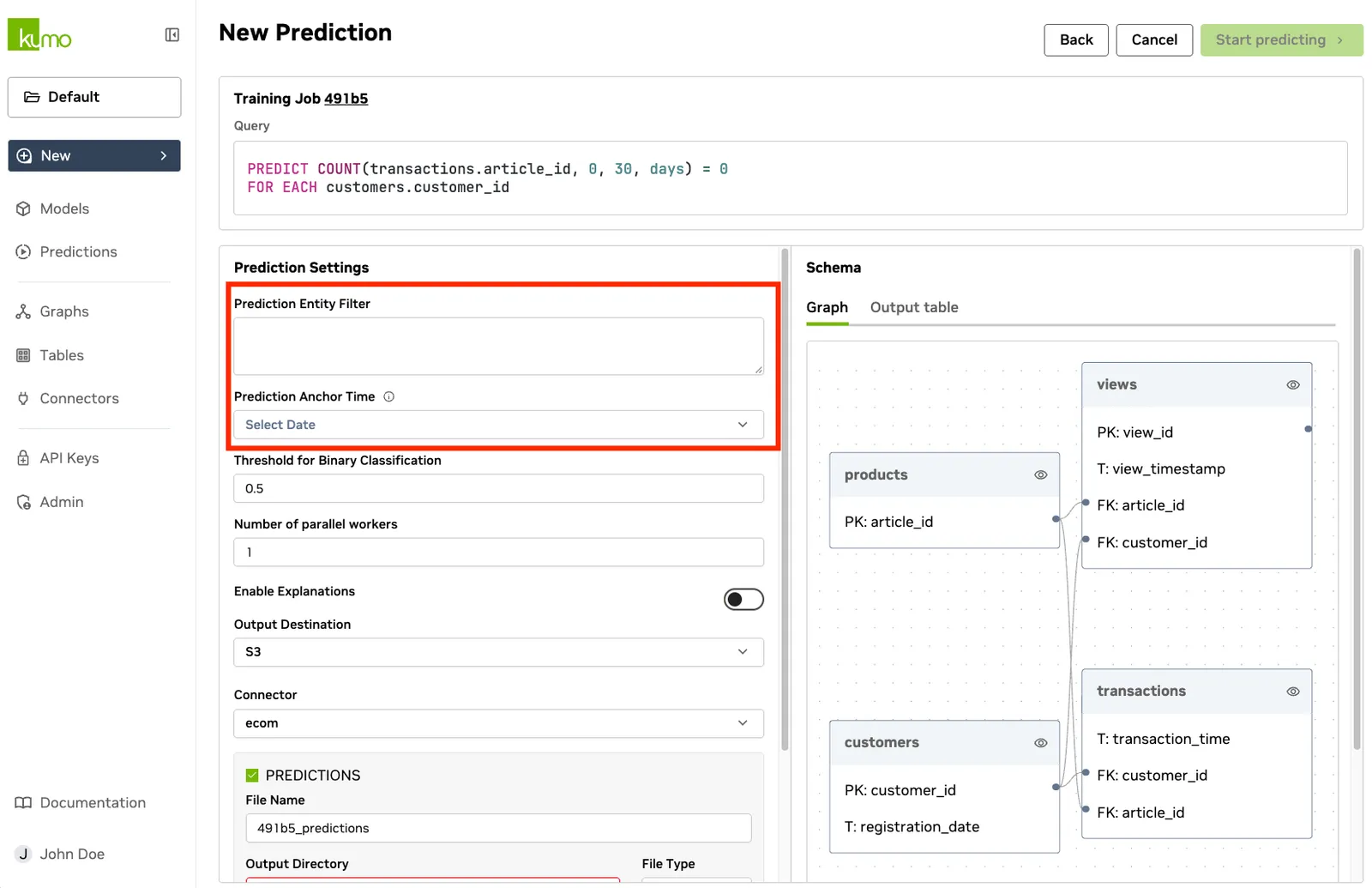 Entity filter panel for refining batch prediction targets