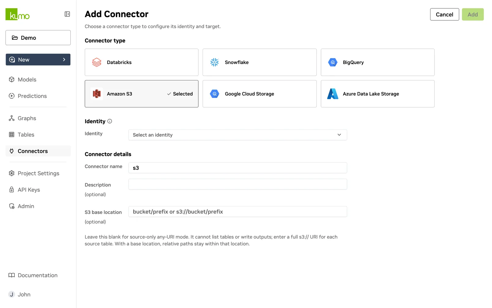 Add Connector page with Amazon S3 selected as the connector type