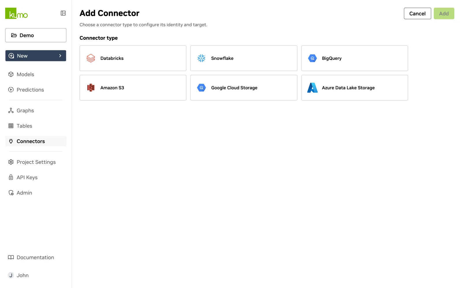 Add Connector page with the six supported connector types