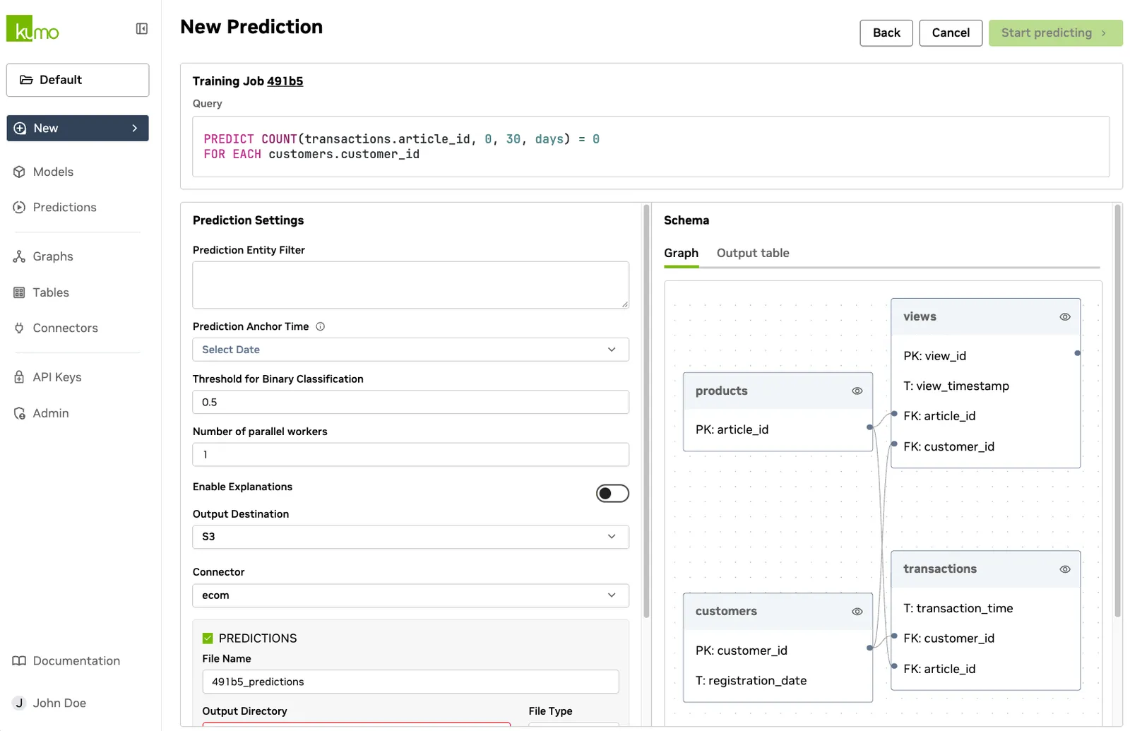 New Prediction page showing a selected model and batch prediction settings