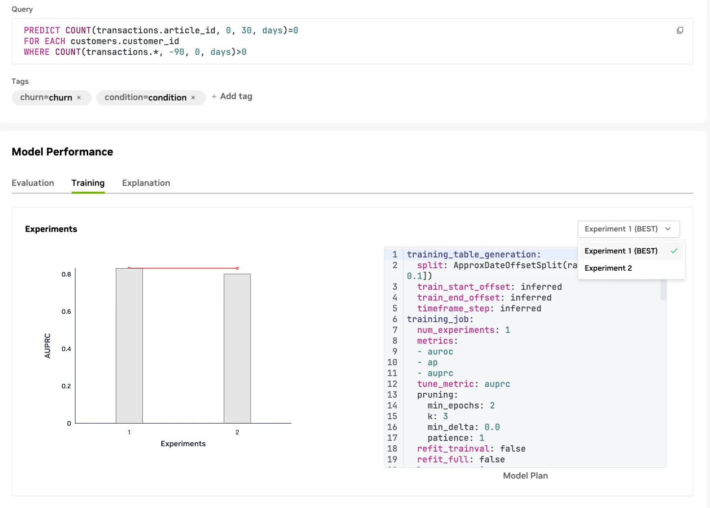 Experiment drop-down showing model planner configurations per experiment