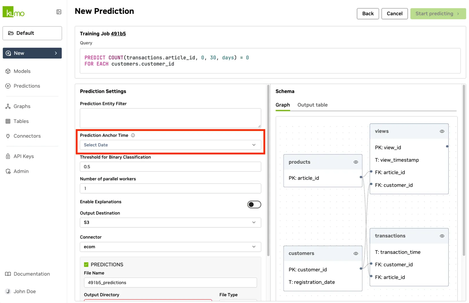 Prediction Anchor Time date selector