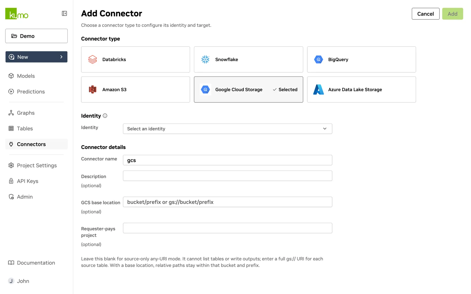 Add Connector page with Google Cloud Storage selected as the connector type