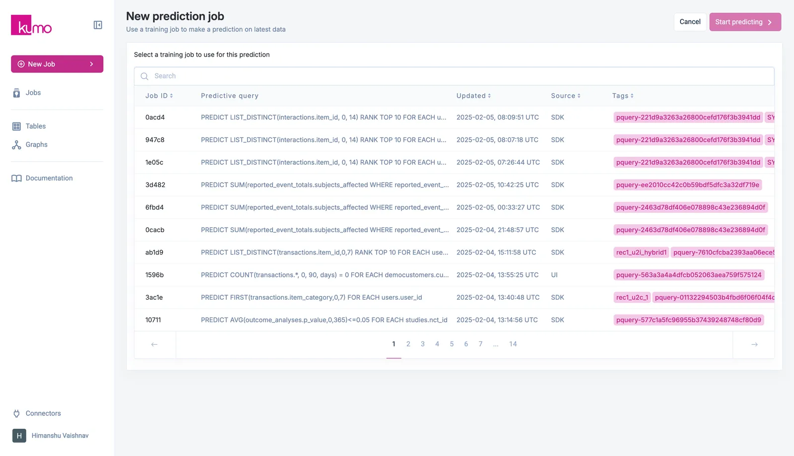 New Prediction page showing model selection and batch prediction setup
