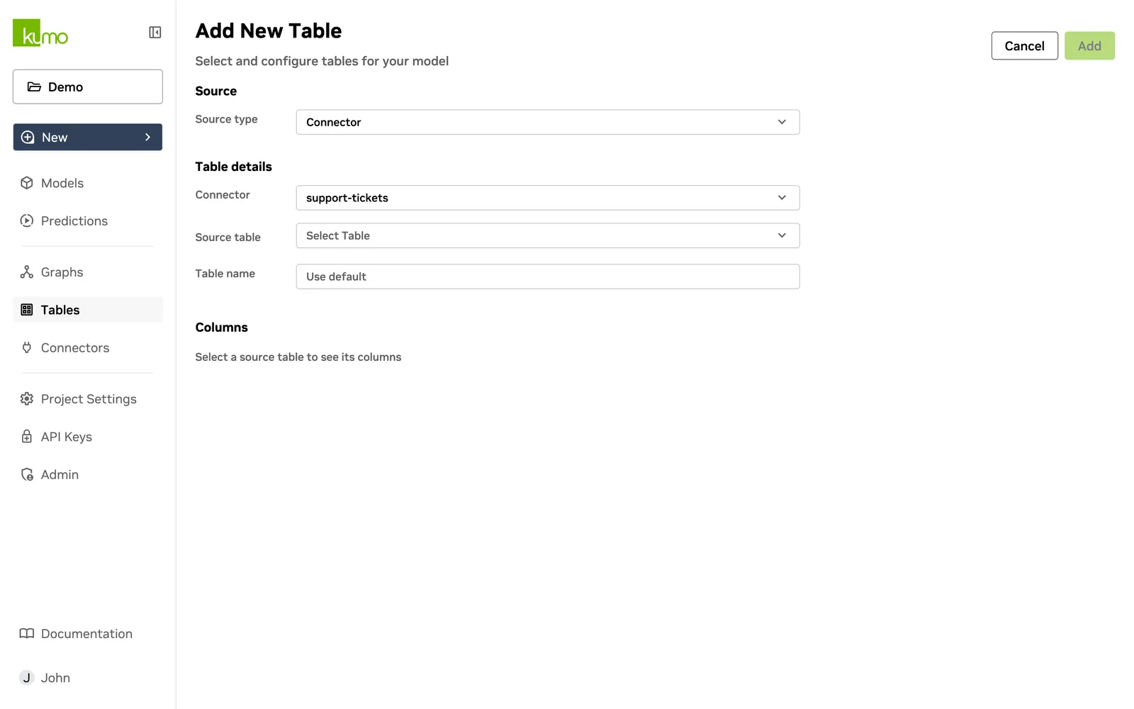 Add New Table page with Connector selected as the source and a connector chosen